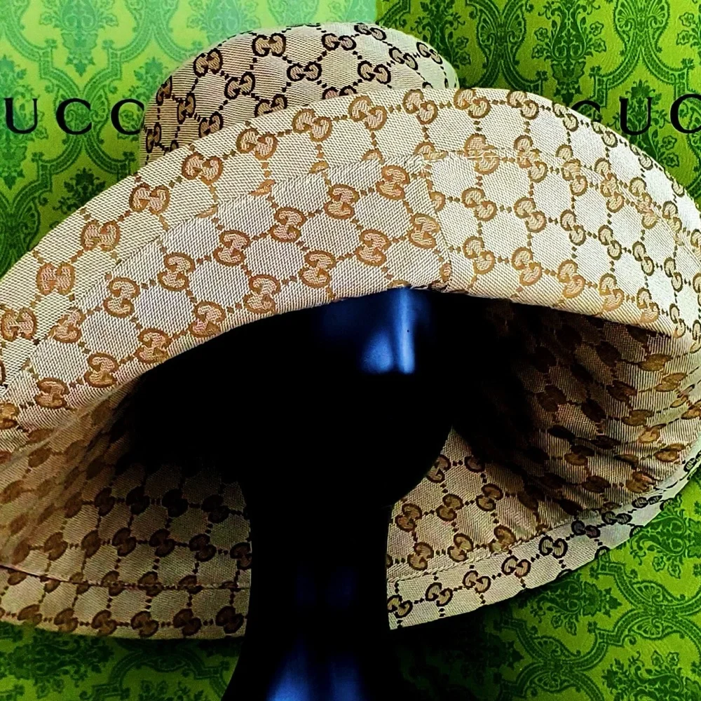 Gucci Beige GG Monogram Bucket Hat Wide Large Brim Jacquard Canvas Sun Beach - Picture 12 of 16